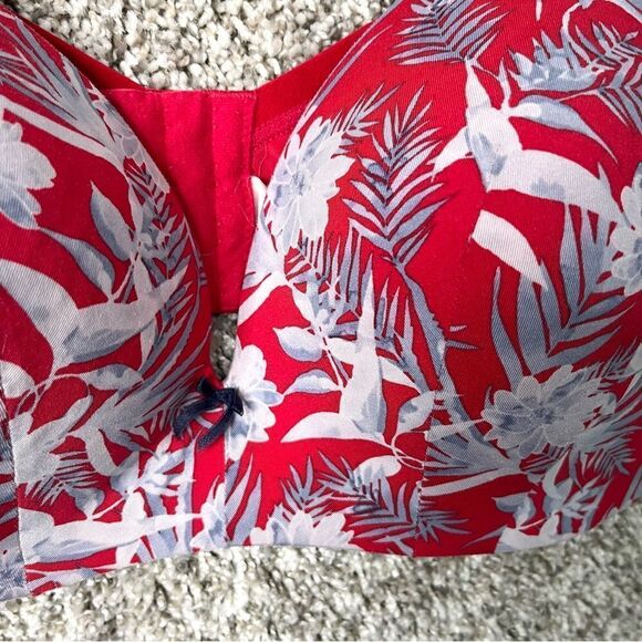 Cacique Bra Women’s 42D Simply Wire Free Plunge Red and Gray Tropical Print - Picture 2 of 6